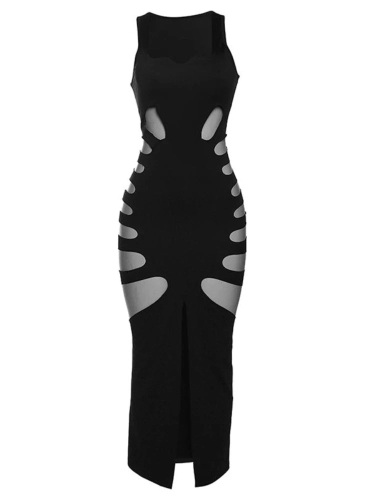 AltGoth Harajuku Gothic Dark Dress Women Streetwear Cyber Punk Y2k E-girl Grunge Sexy Hollow Out High Waist Bodycon Dress Female
