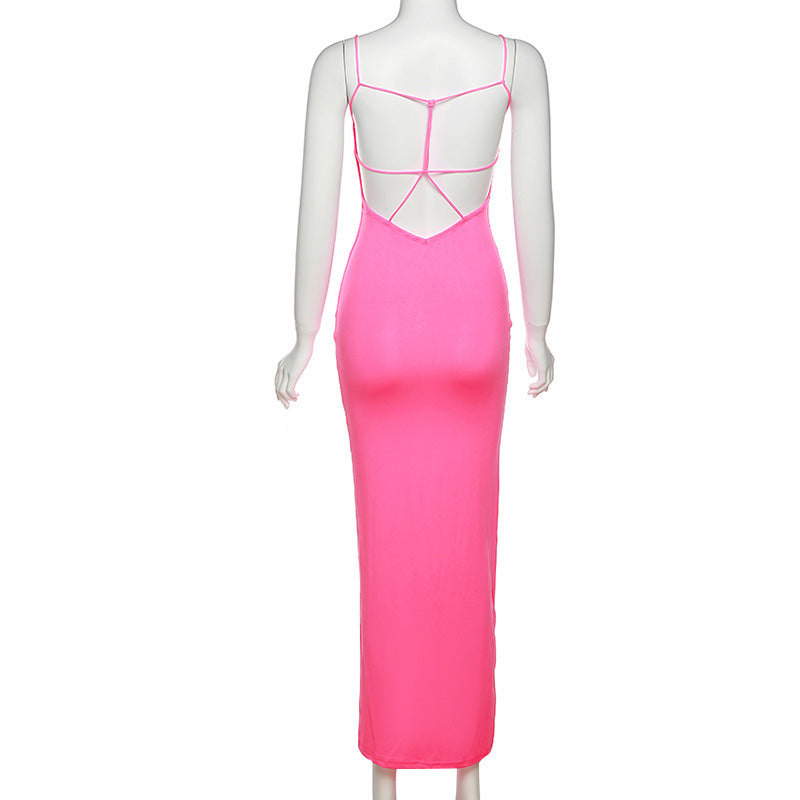 Combhasaki Womens Solid Color Thin Spaghetti Straps Backless Round Cutout Hole Slim Fit Suspender Party Club Slim Fit Long Dress