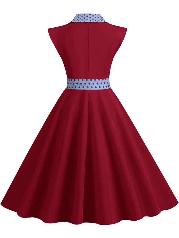Notched Collar Vintage Solid Party Dresses Women Summer Sleeveless Belted Midi Swing Sundress