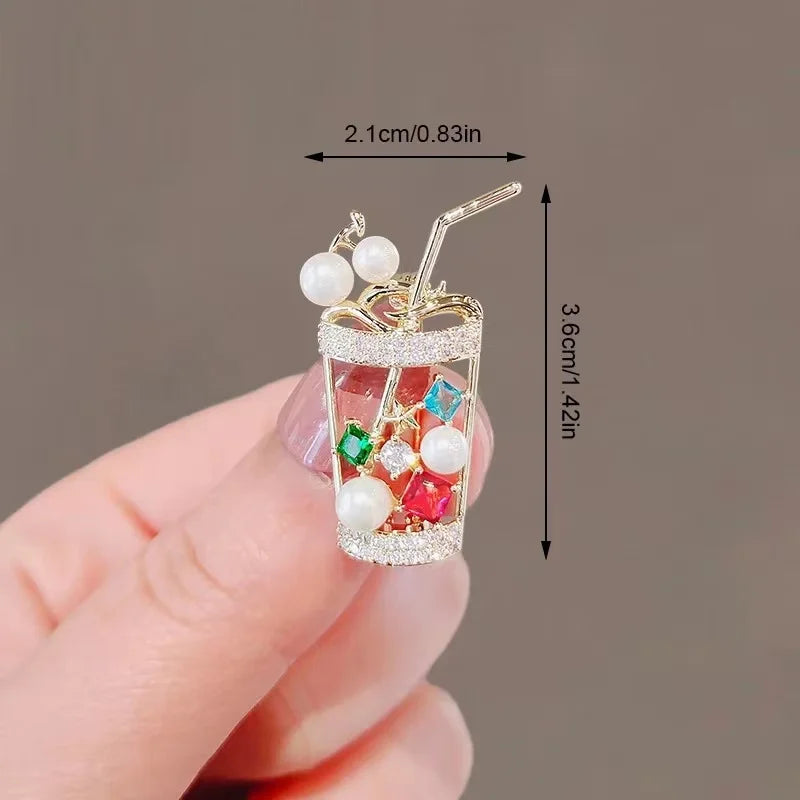 Cute Pearl Juice drinks Milk Tea Cups Brooch Lapel Pins for Women Girls Colorful Zircon Rhinestone Creative Design Coat Badges