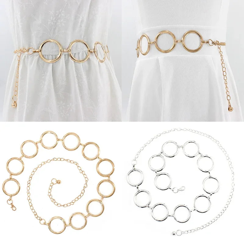 Simple Alloy Large Round Ring Waist Belt Fringes Ring Waist Chain Women Circle Metal Chain Belt Geometric Long Hollow Waistband