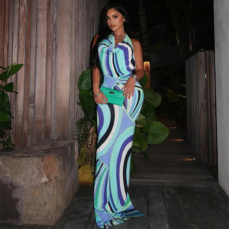Elegant Sleeveless Backless Slim Bodycon Maxi Dresses Fashion Printed Halter Long Dress for Women Chic Summer Beach Party Robes