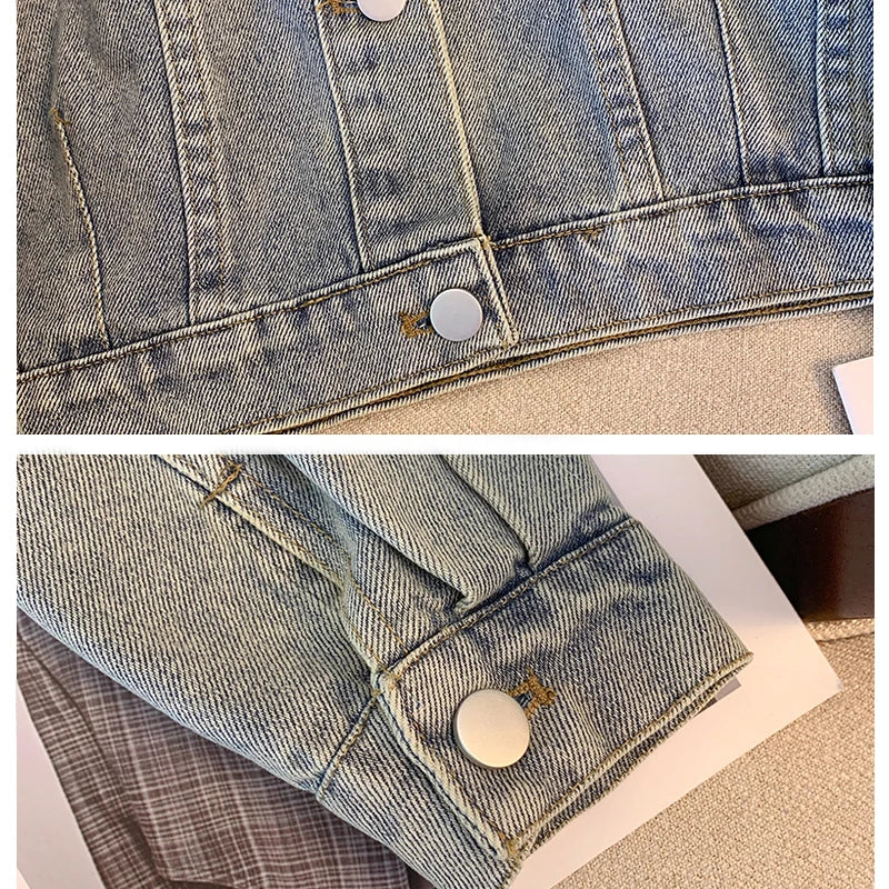 Women Turndown Collar Denim Jacket Casual High Waist Long Sleeved Button Up Short Jacket Fall Vintage Coat Streetwear Outerwear