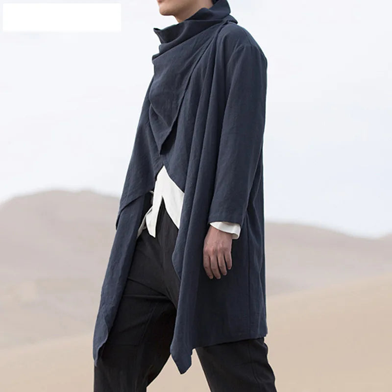 Men's Cotton Linen Cloak Long Irregular Cape Autumn New Long Sleeve Coat