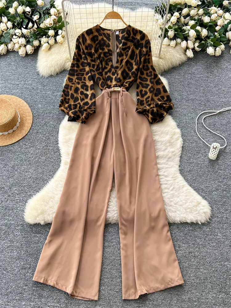 SINGREINY Autumn Leopard Long Jumpsuits V Neck Long Sleeves Belt Wide Legs Pants Women American Retro Senior Office Lady Rompers