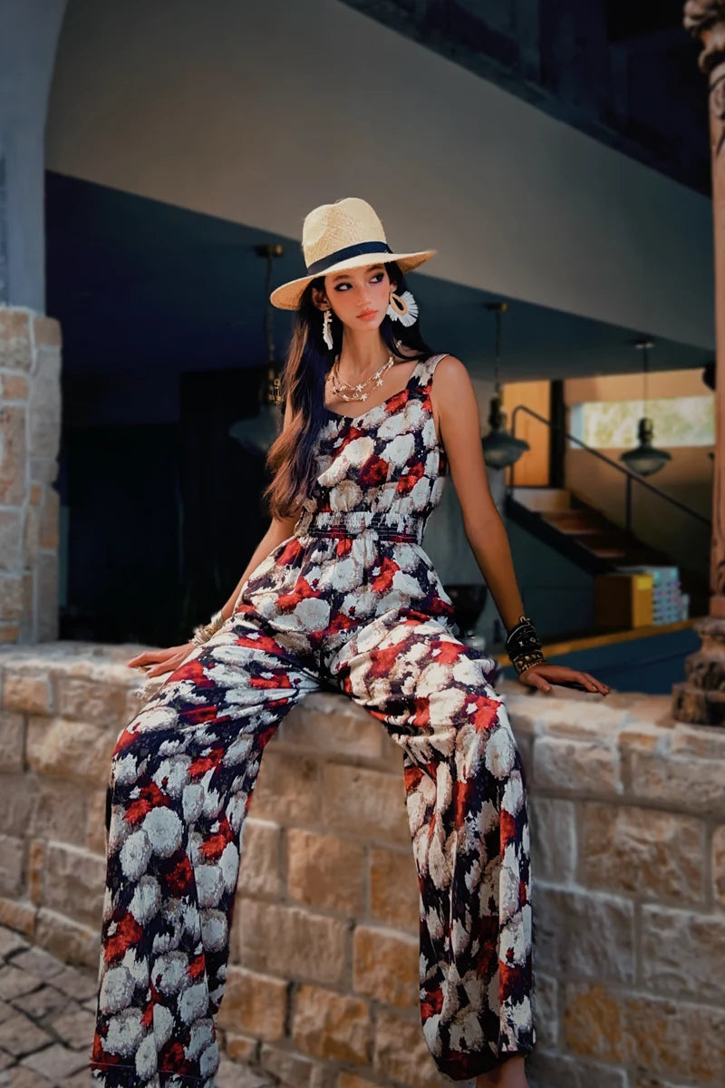 Summer Print Tencel Jumpsuits Women's Clothing Tank Spaghetti Strap+Wide-Leg Pants Draped Full Length Y2K DABUWAWA DM2BJP005