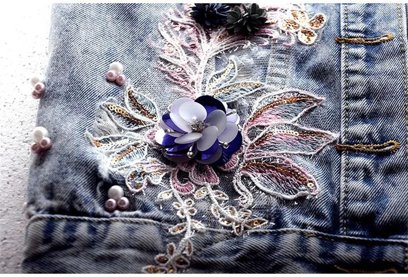 Women Denim Vest Jacket New Autumn Embroidery Beads Sleeveless Vintage Hole Jeans Vest Jacket Overcoat Female Tops Waistcoat