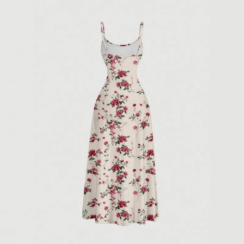 Women Summer Casual Sweet Floral Print Halter Dress High Waist Pleated Slim Fit A-line Dress Casual Vacation Dress