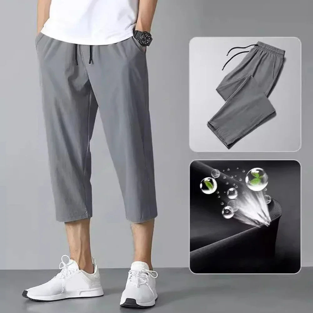2025 New Summer Men's Ice Silk Pants Hong Kong Style Trendy Loose-Fit Straight-Leg Cropped Pants Korean Version Casual Pants