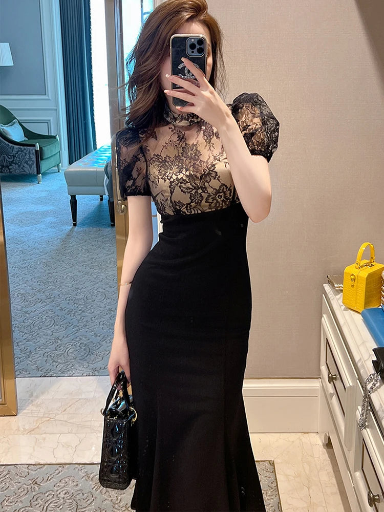 Elegant Style Long Dress Women Retro Chic Sexy Black Sheer Lace Spliced High Waist Fishtail Robe Femme Party Prom Vestidos Mujer