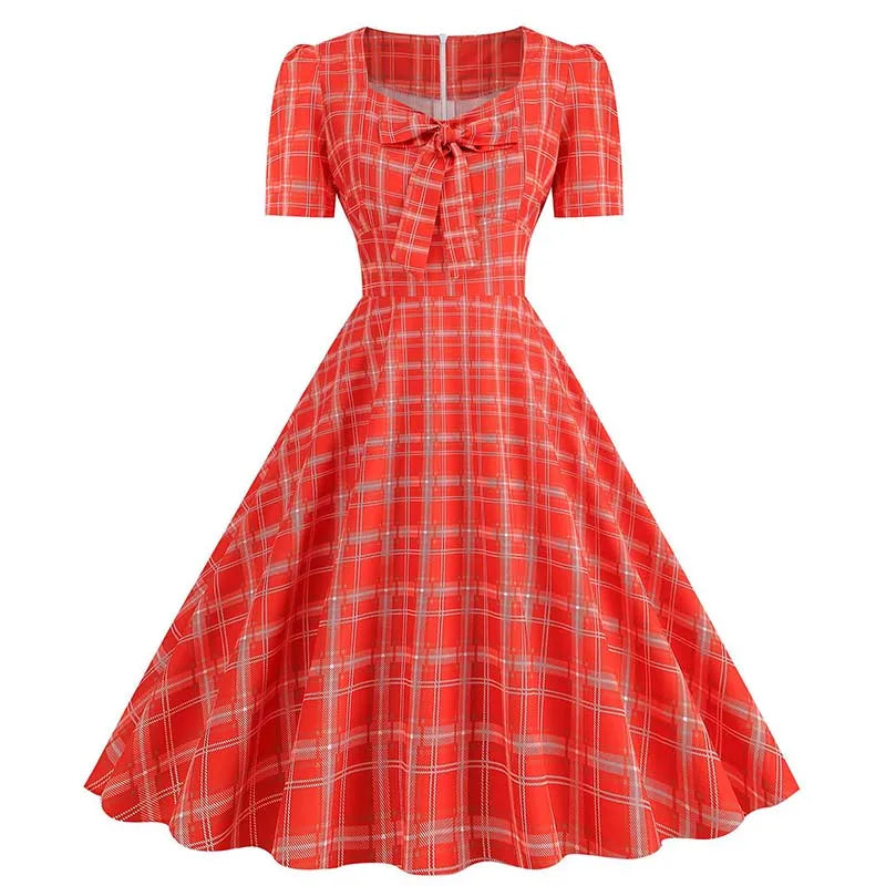 Green Plaid Swing Party Dresses Women Elegant Vintage Square Collar Short Sleeve Casual Summer Dress