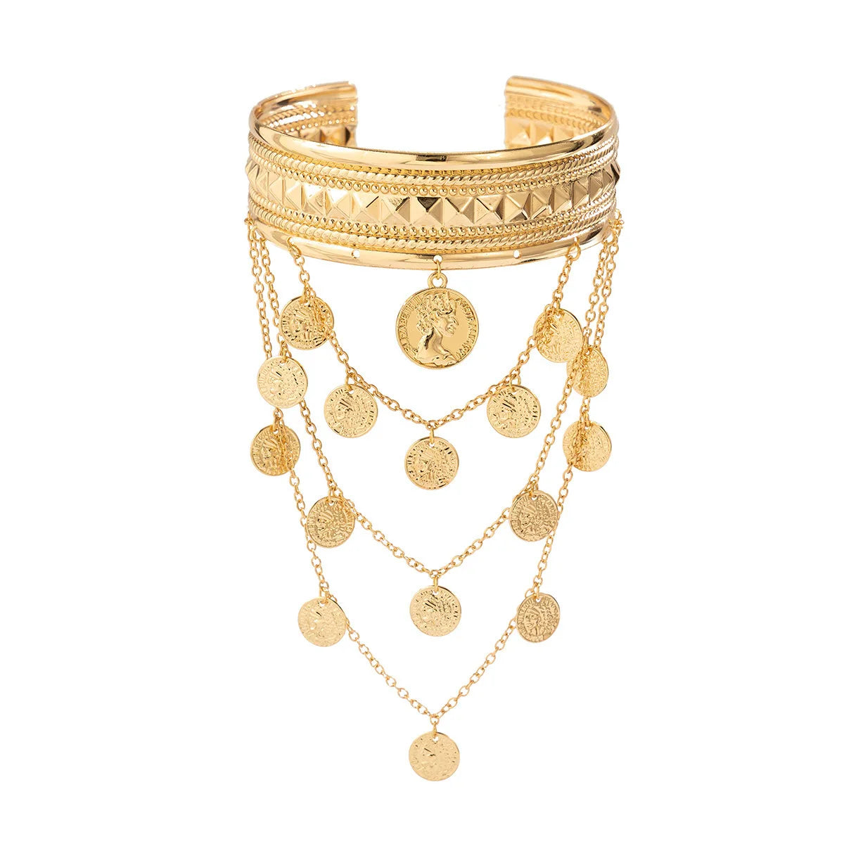 New Trendy Golden Metal Coin Leaf Chain Tassel Upper Arm Bangles Cuff Bracelet Armlet Armband Men Women Jewelry Accessories