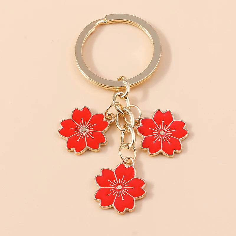 Cute Enamel Keychain Colorful Sakura Flower Key Ring Sweet Key Chains for Women Girls Handbag Accessories DIY Jewelry Gifts