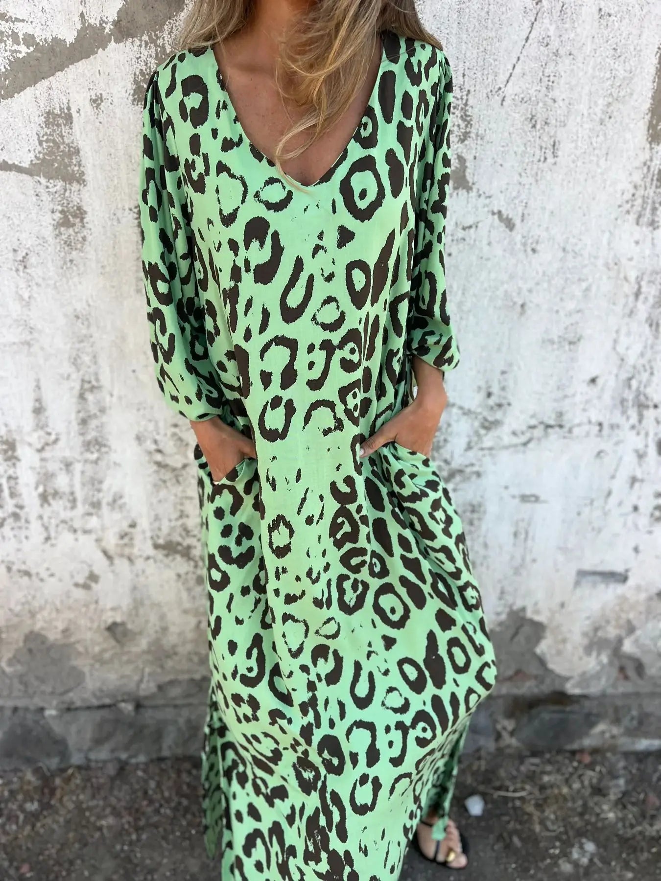 Women Sexy V-Neck Maxi Dresses Summer Bohemian Short Sleeve Leopard Print Long Dress Female Vintage Holiday Beach Cover Up Robe