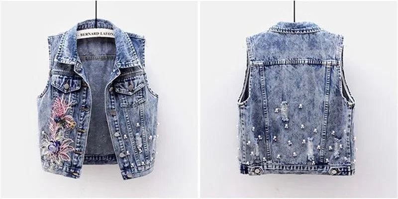 Women Denim Vest Jacket New Autumn Embroidery Beads Sleeveless Vintage Hole Jeans Vest Jacket Overcoat Female Tops Waistcoat