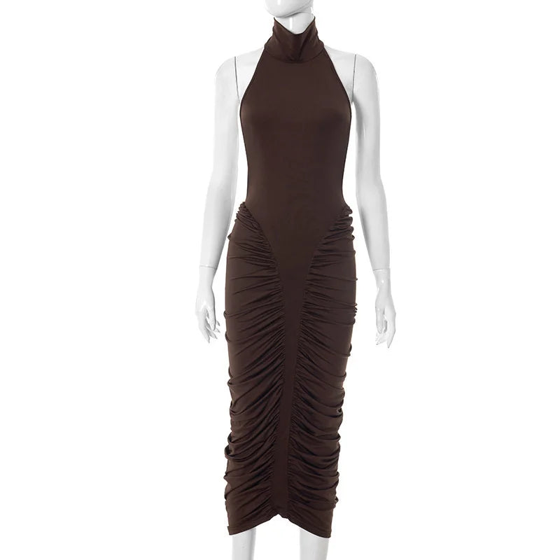 Mozision Turtleneck Backless Ruched Sexy Maxi Dress Women Brown Off-shoulder Backless Bodycon Club Party Long Dresses Female