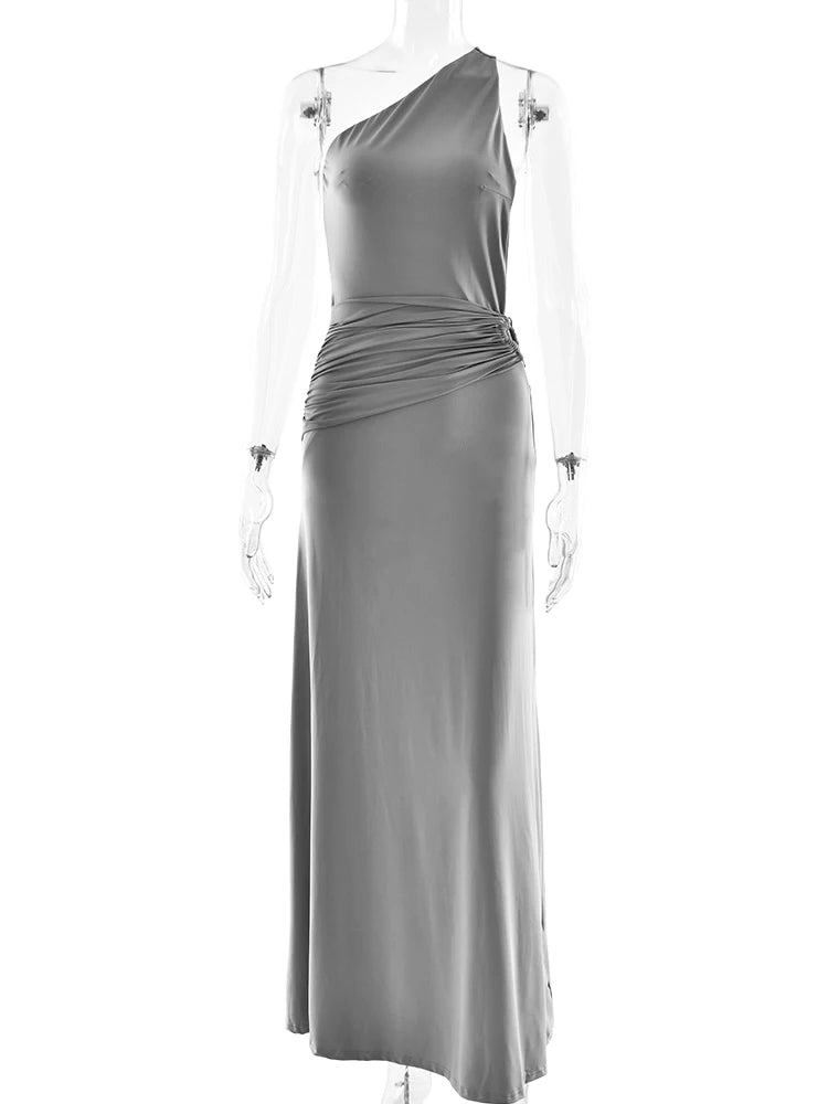 Sibybo Oblique Shoulder Sleeveless Ruched Maxi Dress For Women Gown Elegant Metal Rings Backless Bodycon Long Dresses Vestidos