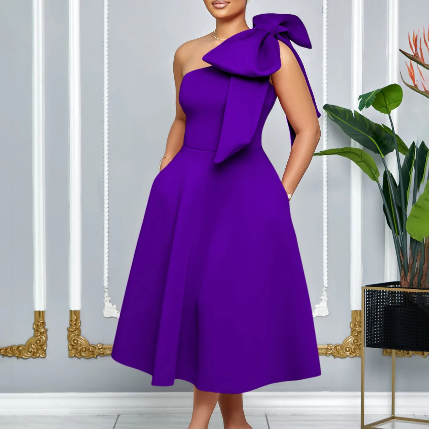 French One Shoulder A Line Pleated Birthday Party Dresses Women Bow Sleeveless Belt Large Skirt Elegant Women's Party Dress