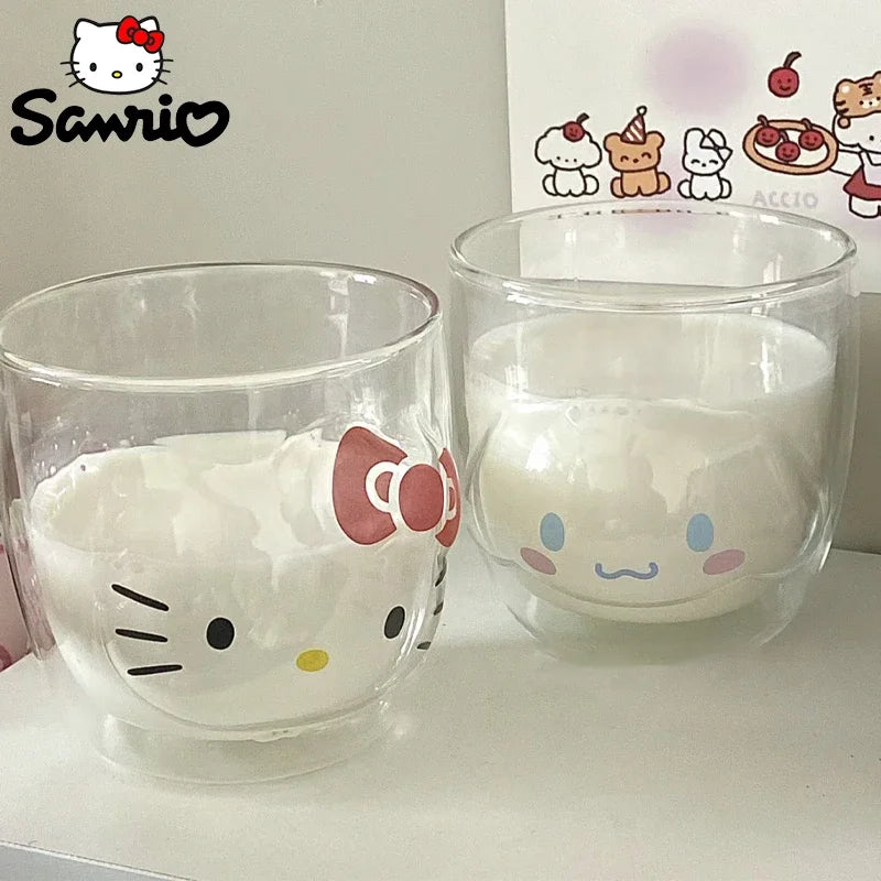 Sanrio Hello Kitty Cute Glass Cup Transparent Coffee Milk Water Cups Cinnamoroll Kuromi My Melody 300ml Student Milk Heat Gift