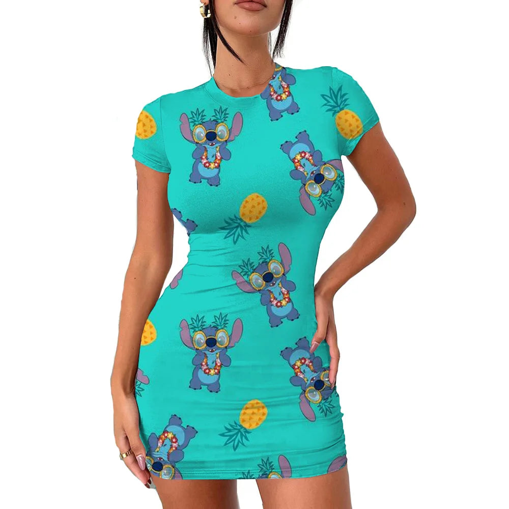 2022 Disney Stitch 3D Cartoon Print Tight Dress Short Sleeve Women's Tight Mini Dress Hip Print Kawaii beach party Women's Dress