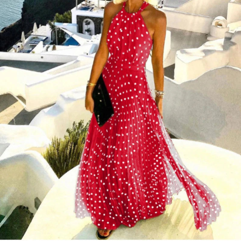 Polka Dot Print Pleated Maxi Dress Women Bohemian Sundress Summer Halter Backless High Waist Loose Party Dresses Long Elegant