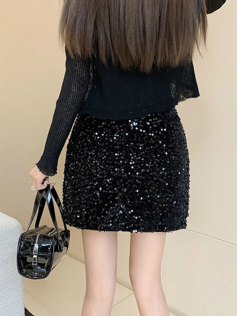 High Waist Sequined Casual A Line Skirts Women 2025 Elegant Korean Fashion Y2k Clothes Sweet Kawaii Black Micro Skirt Harajuku