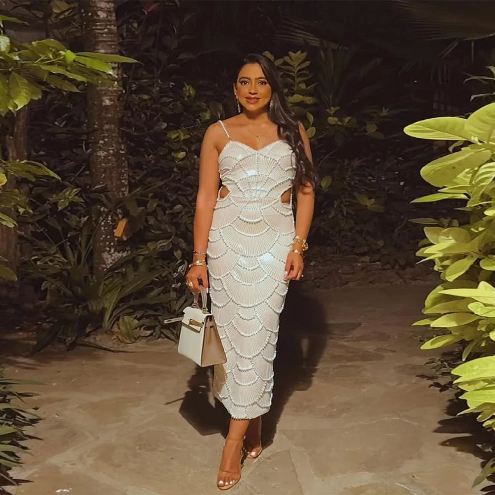 HLJ Sexy Sequin Hollow Bodycon Spaghetti Strap Evening Party Dresses Women Round Neck Sleeveless Slim Vestidos Fashion Clothing
