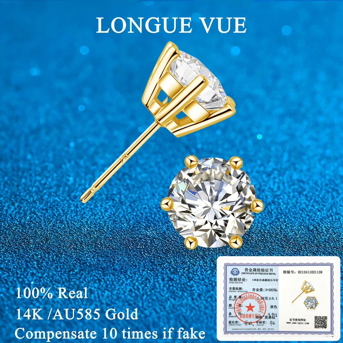 Hypoallergenic Real 14K Gold Earrings GRA Moissanite Ear Stud for Women Men Lover 0.5ct 1ct 2ct Round Earing Wedding Jewelry