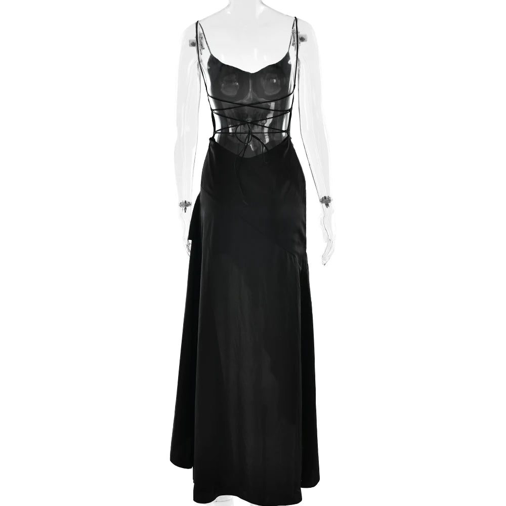 Articat Elegant Spaghetti Strap Satin Split Maxi Dress Women Sexy Backless Bodycon Party Evening Dress Summer Holiday Beachwear