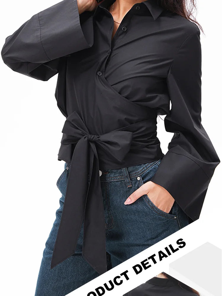 New Women's Fashion Casual Polo Neck Bow Tie up Short Edition Double Breasted Poplin Shirt