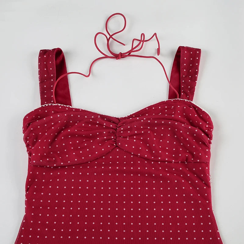 SUCHCUTE Elegant Polka Dot Print Backless Party Dresses Women Causal Sleeveless Beach Dress Vestidos Summer Sundress Sexy Robe