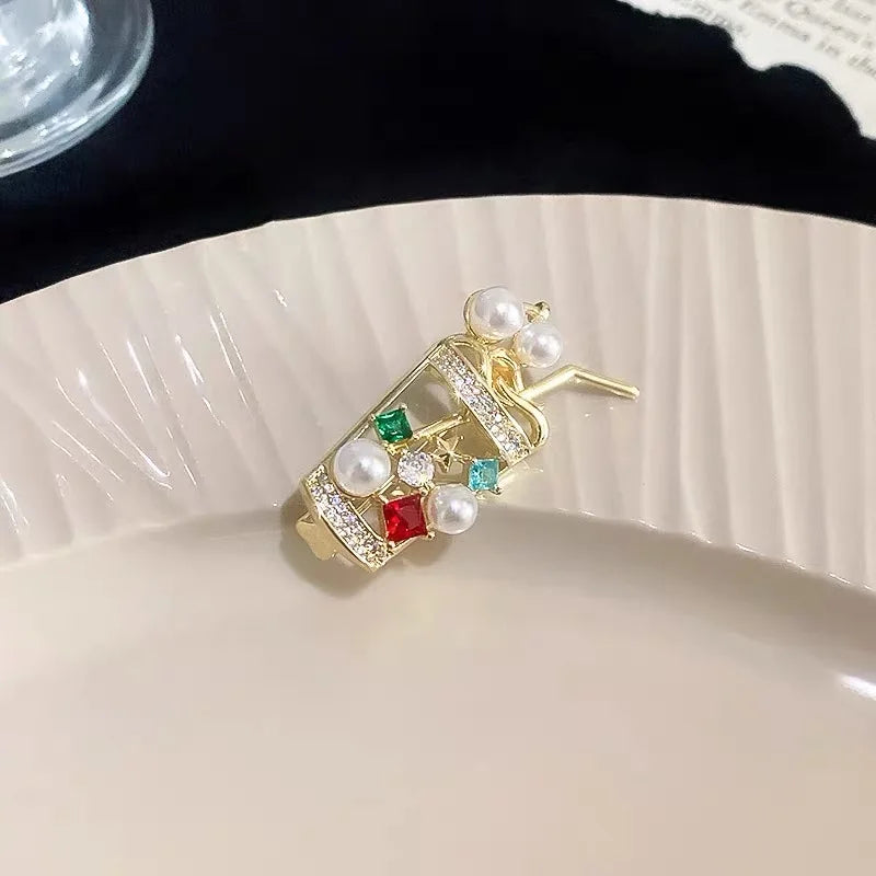 Cute Pearl Juice drinks Milk Tea Cups Brooch Lapel Pins for Women Girls Colorful Zircon Rhinestone Creative Design Coat Badges