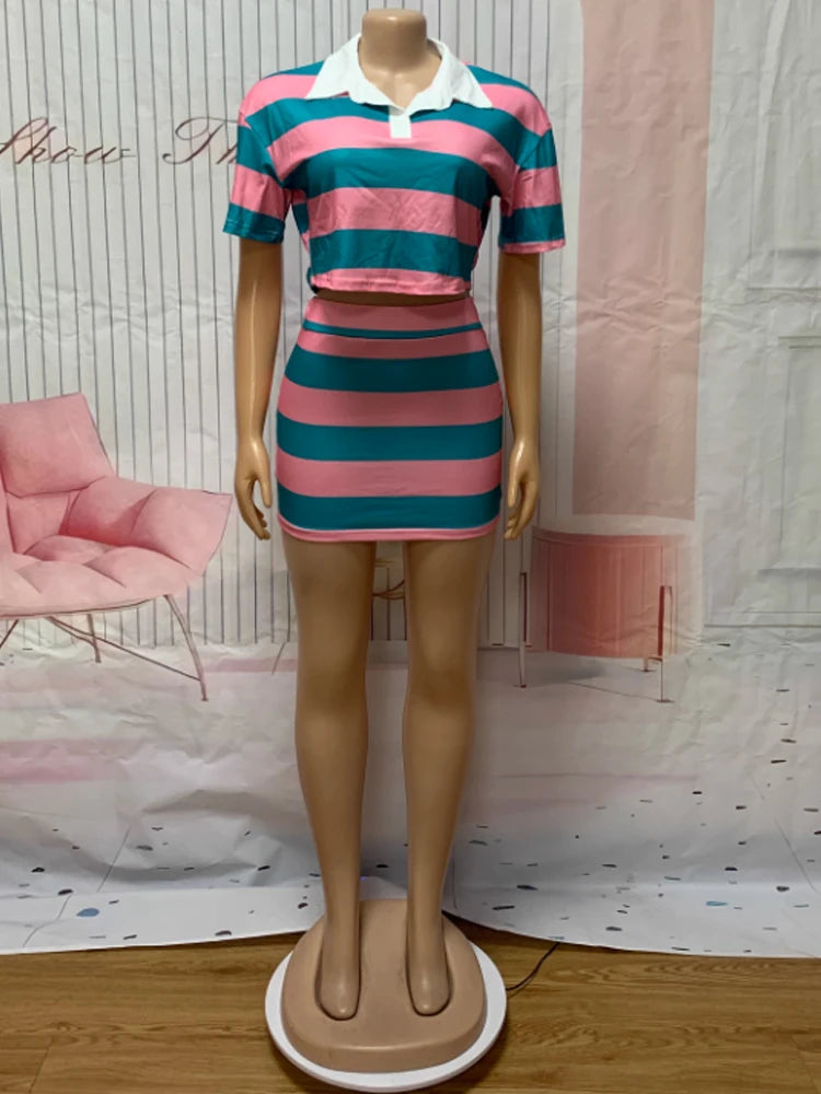 Kricesseen Women's Striped Skirt Set Two-Piece Dress Girls Short Sleeve Shirt Top And Matching Set Sporty Overalls Active Wear
