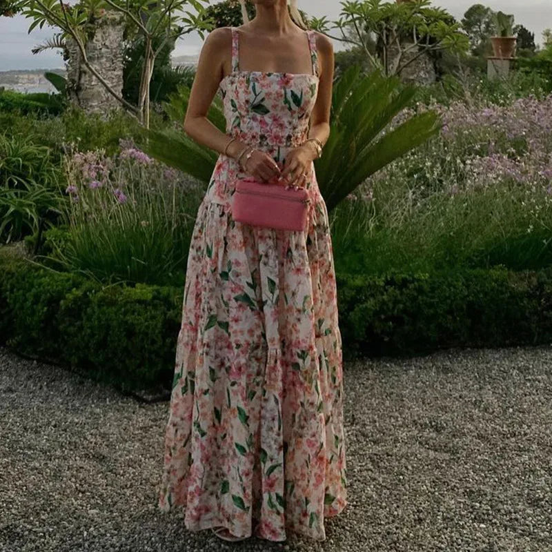 Summer Sexy Off Shoulder Vacation Long Dress Women Elegant Floral Print Hollow Party Dress Fashion Sleeveless Pleated Bohe Dress