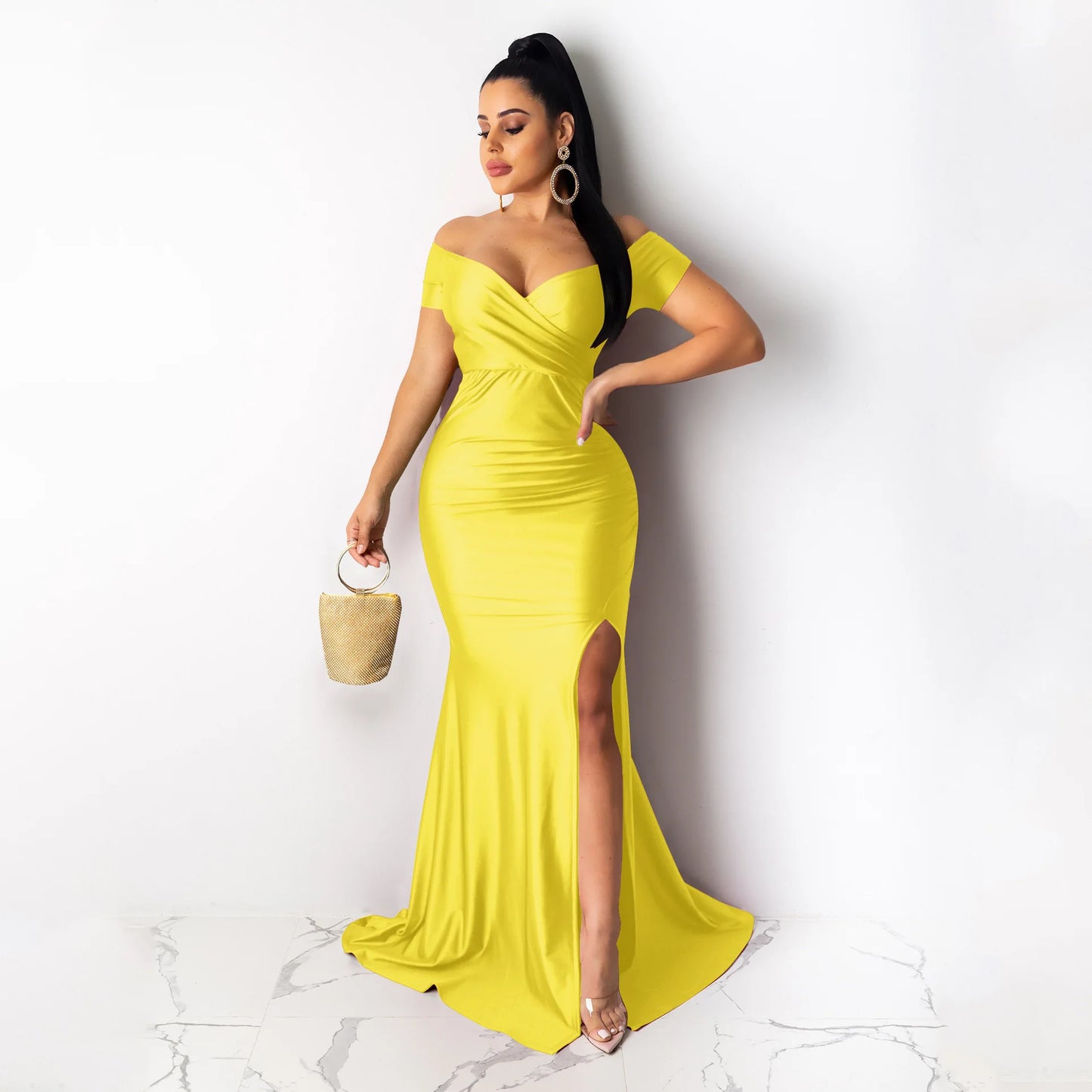 2024Sold Maxi Elegant Luxury Designer Party Dresses Women Off Shoulder Evening Dress Mermaid V-Neck Pleated Backless Long Dress