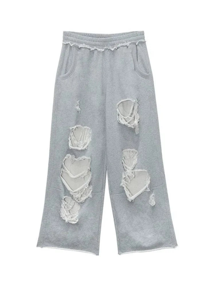 2025 New Distressed Gray Baggy Joggers Women Hip Hop Style Grunge Wide Leg Holes Sweatpants Oversized Gyaru Streetwear Trousers