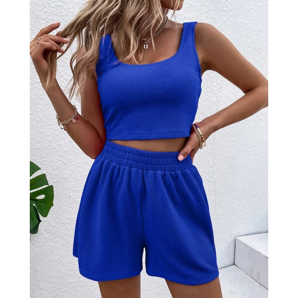 Girls' Fresh and Sweet Shorts Set 2023 Summer Casual Women's Knitted Rib Sleeveless U-neck Top and Shorts Two Piece Set