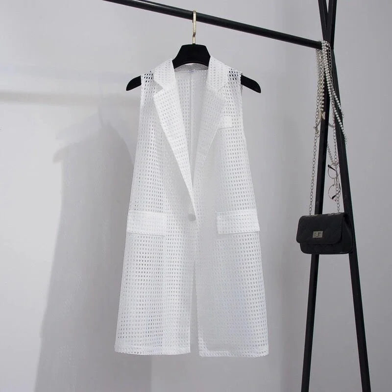 2025 Summer New V-NECKCollar Black White Suit Blazer Vest Jacket Women Style Commuter Sleeveless OL Cardigan Tank Coat