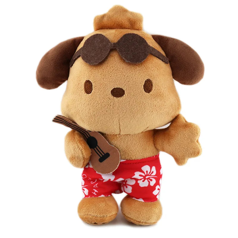 20cm Anime Sanrio Plush Doll Hello Kitty Kuromi My Melody Hawaii Limited Black Leather Kitty Plush Doll Christmas Gift