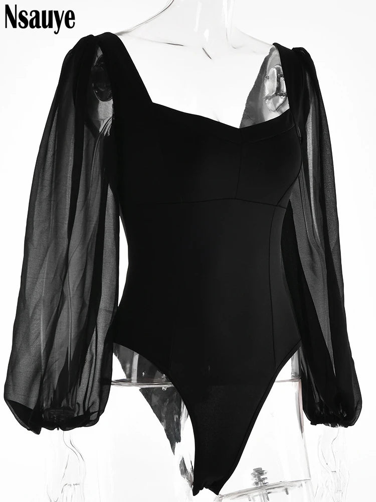 Nsauye 2022 Autumn Summer Sheath Long Puff Sleeve Skinny Women Rompers Bodysuits Y2K Square Collar Fashion Jumpsuit Body Tops
