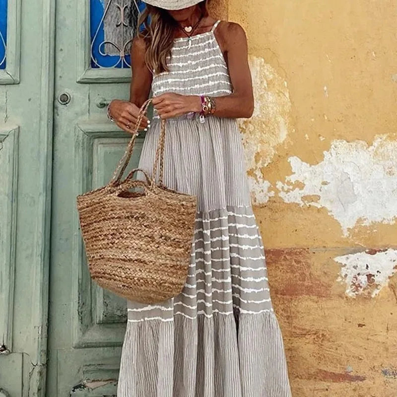 Maxi Long Dress Women Mom Boho Round Neck Sling Dresses Striped Sleeveless Loose Summer Streetwear Print Loose Casual Vestidos