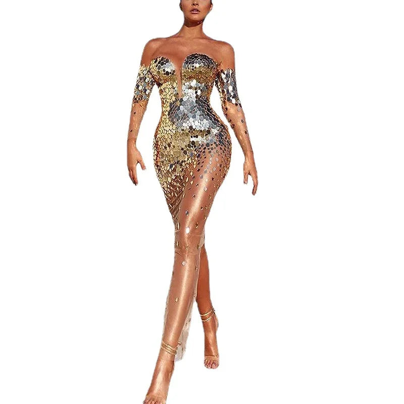 Sexy Dresses for Women One-shoulder Birthday Party Evening Dress Female Long Sleeve Gothic Sequins Elegant Ladies Clothes Dress