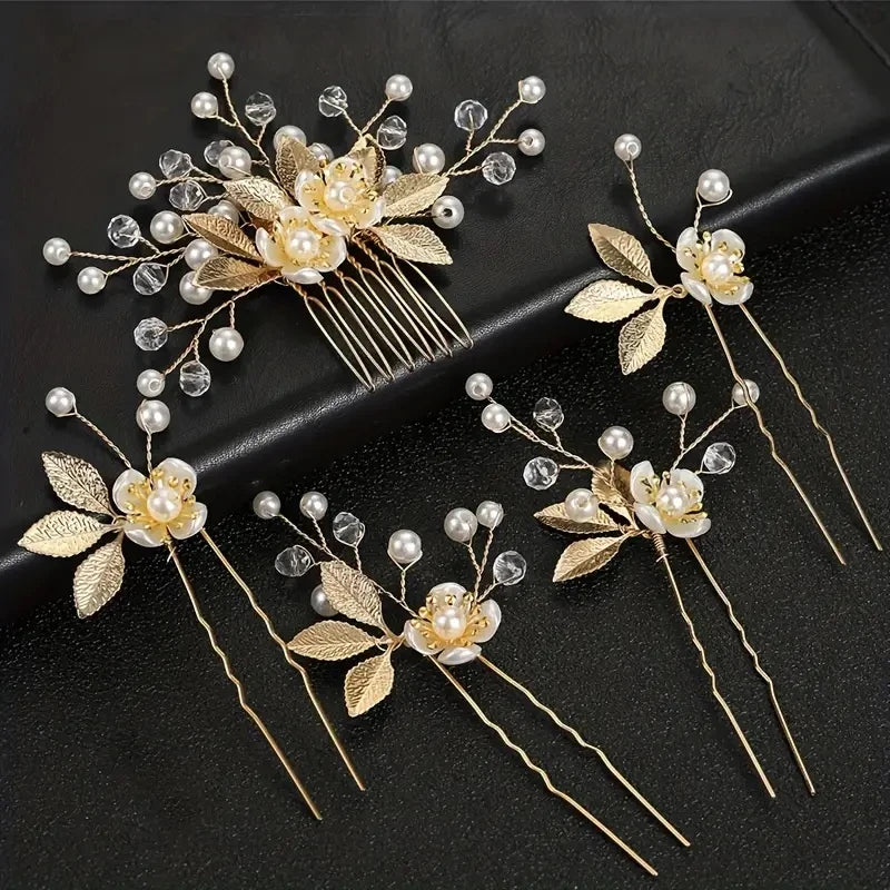 5 Pcs Crystal Luxury Hair Accessories Set Sweet Romantic Women's Bride Party Wedding Accessories Jewelry Hair Clip Hair Comb Set