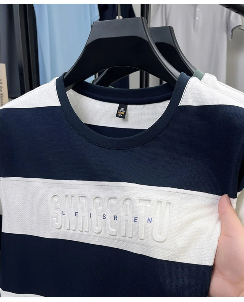Top Grade Yarn Dyed Striped New Summer Tops Designer Round Neck Tshirt Men 2025 Brand Short Sleeve Casual Fashion Men Clothing