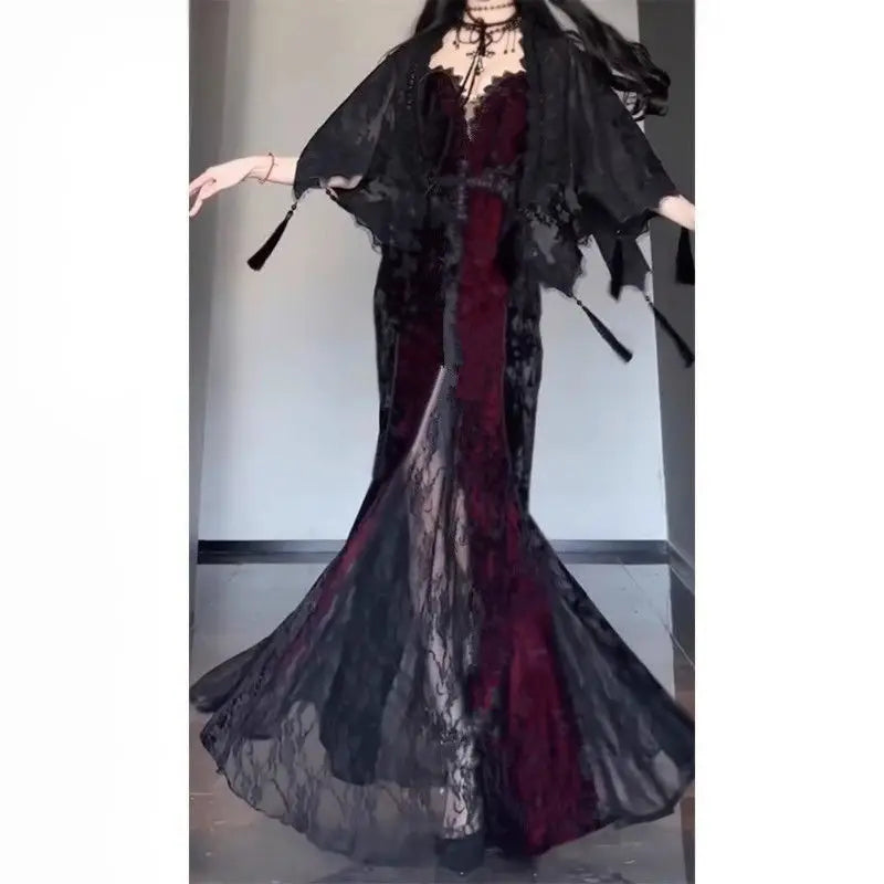 Summer Gothic Grunge Y2k Lace Dress Women Dark Academia Sexy Slim Party Dresses Korean Fashion Design Festival Long Prom Dress