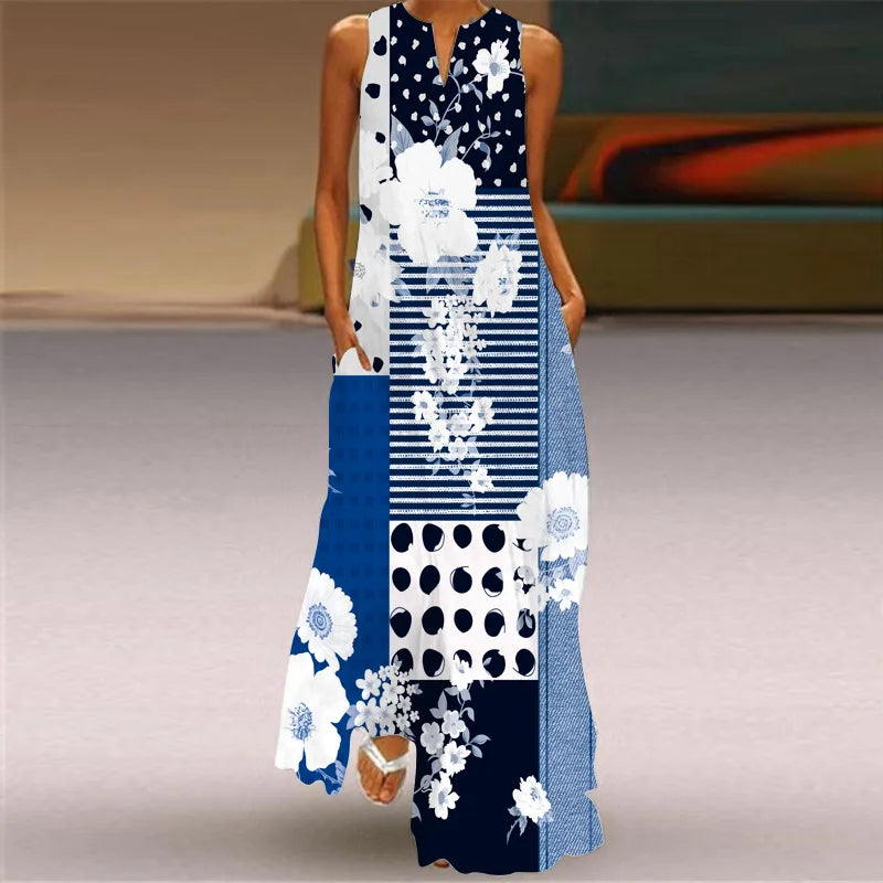 Summer Sexy Maxi Dresses Women Sleeveless V-Neck Robe Party 2025 Retro Loose Beach Vestidos Y2k S-5XL