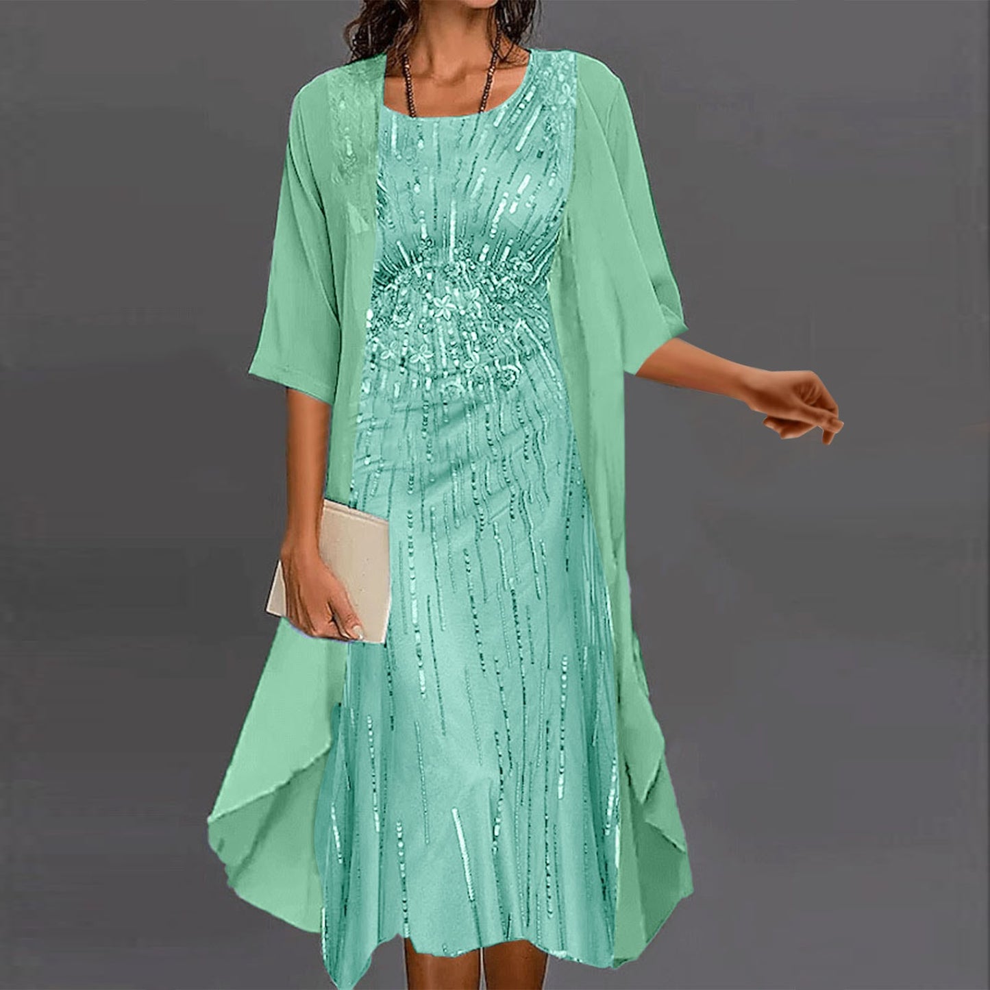 Formal Party Dresses Women Elegant Shiny Sequins Solid Color O-Neck Evening Dress Wedding Dress Two Piece Set Dress Vestidos
