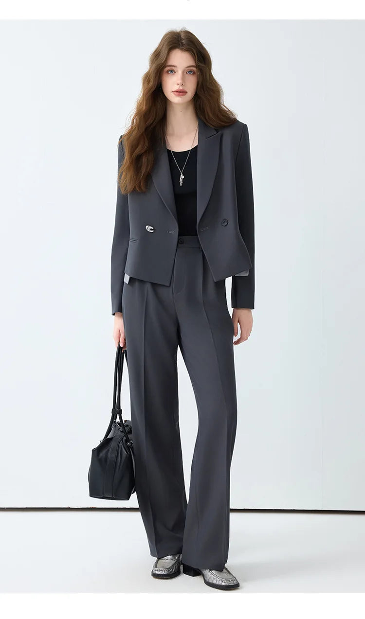Solid Suits for Women 2025 Spring Fashion Office Ladies Long Sleeve Double Breasted Short Tops Chic Cargo Pant Suits