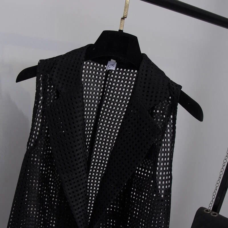 2025 Summer New V-NECKCollar Black White Suit Blazer Vest Jacket Women Style Commuter Sleeveless OL Cardigan Tank Coat