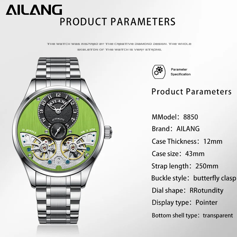 新作AILANGブランド 高級ダブルトゥールビヨン メンズウォッチ ファインスチールストラップ 防水 蓄光 ファッション機械式時計 メンズ